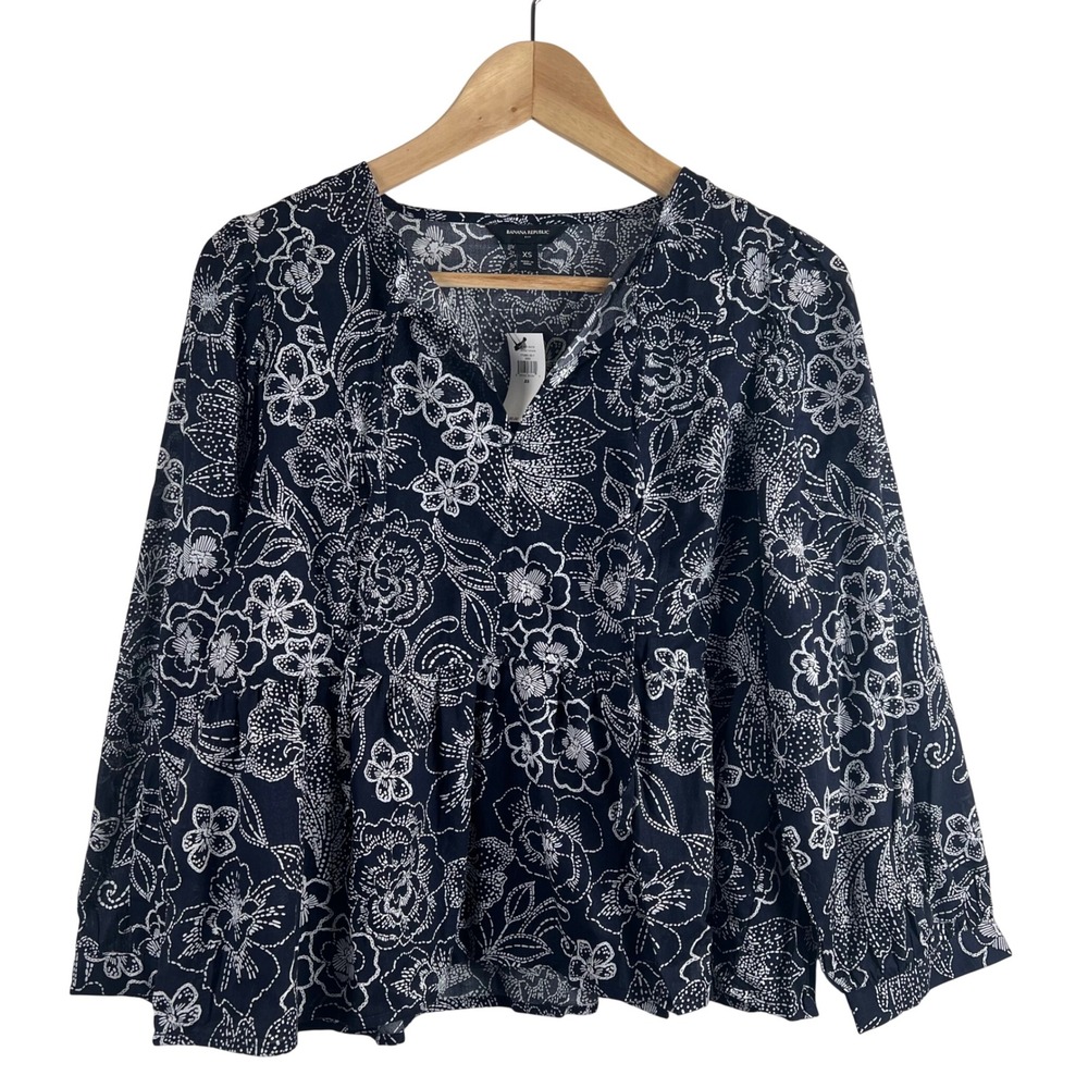 Banana Republic Womens XS Navy Blue Floral Cotton Puff Sleeve Blouse New w Tag